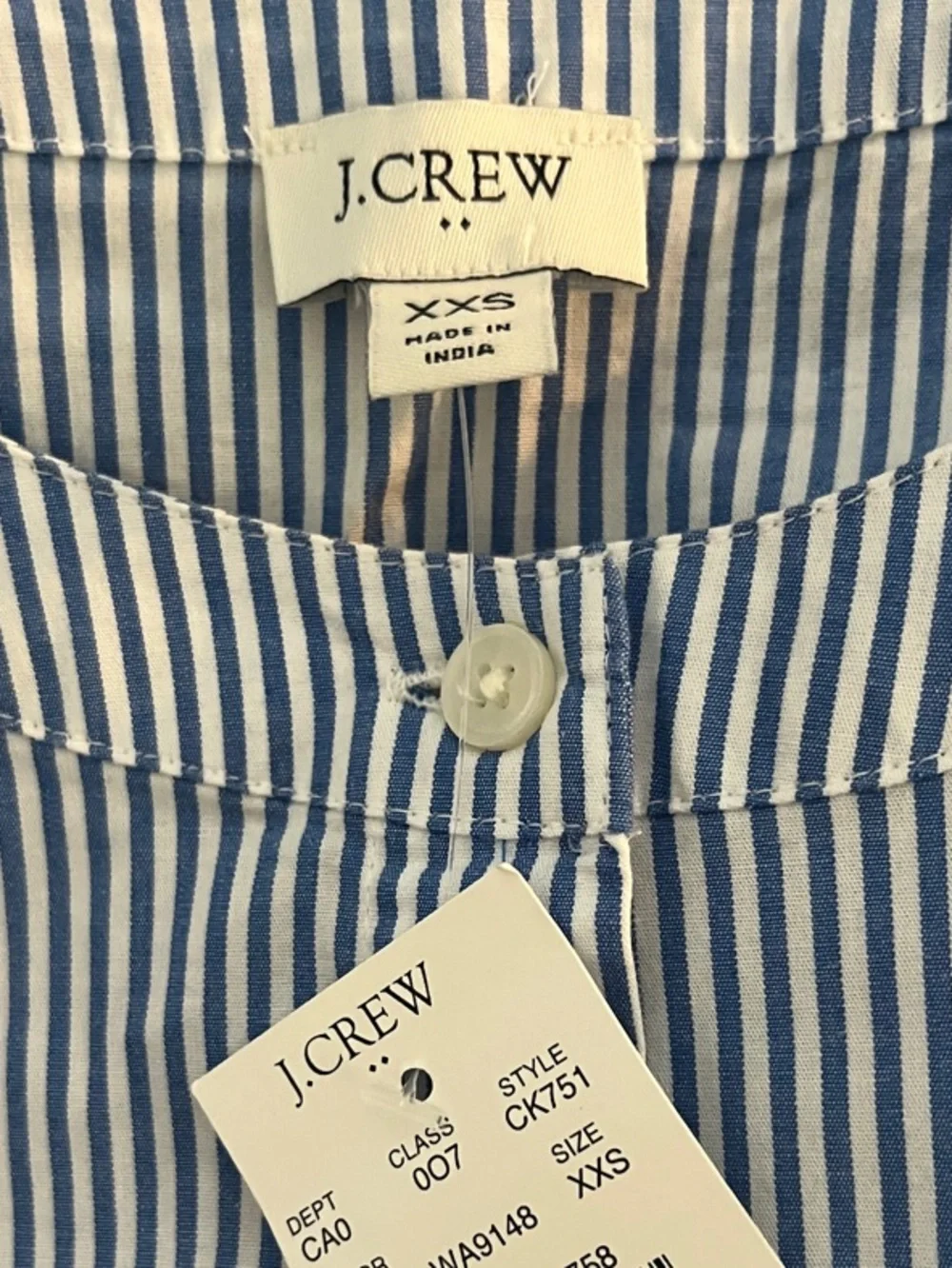 J.Crew Striped Puff-Sleeve Tie-Waist Top Om Baker Blue and White Size XXS NWT
